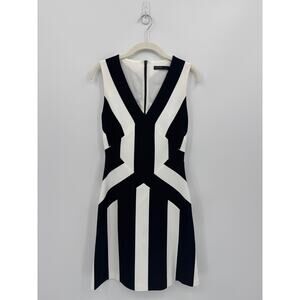 KAREN MILLEN V-Neck BLACK WHITE GEOMETRIC SLEEVELESS SHEATH DRESS SIZE 8